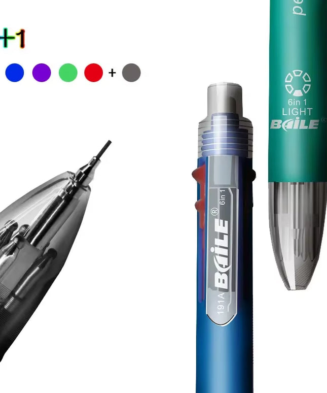 6 in 1 Multicolor Ballpoint Pens 5 Colors Ball Pen 1 Automatic Pencil with Eraser
