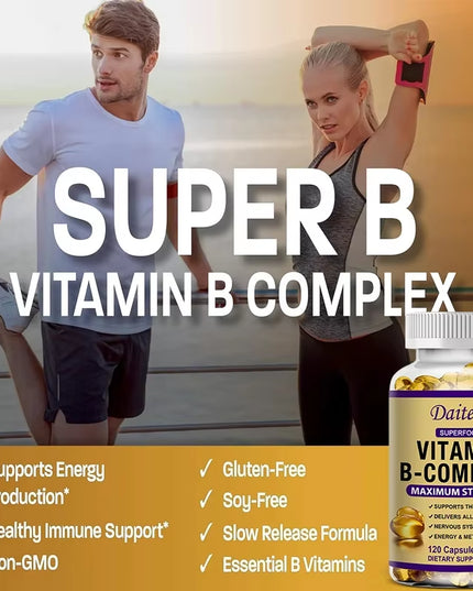 120 capsules Vitamin B-Complex Supplement B12 B1 B2 B3 B5 B6 B9 Biotin for Nervous System, Metabolism, Immune and Energy Support, Super Diet