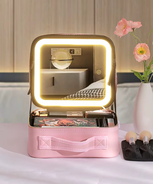 Portable Makeup Organizer Bag with Lighting, Adjustable Dividers, Cosmetics Storage Case 