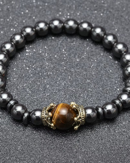 Natural Stone men's Bracelet, Vintage Crown Symbolic Power Hematite Ore Beaded Bracelet