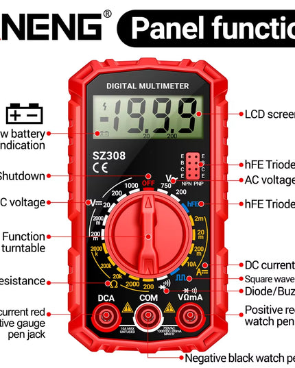 SZ308 Digital Multimeter AC/DC Current Voltage Meter, LCD Backlight Ohm Square Wave Test