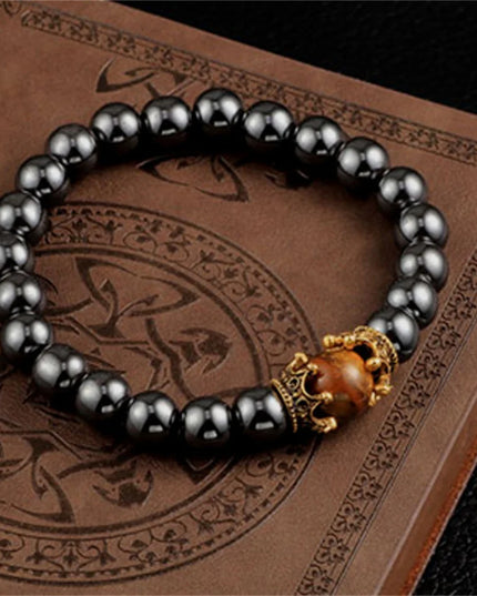 Natural Stone men's Bracelet, Vintage Crown Symbolic Power Hematite Ore Beaded Bracelet