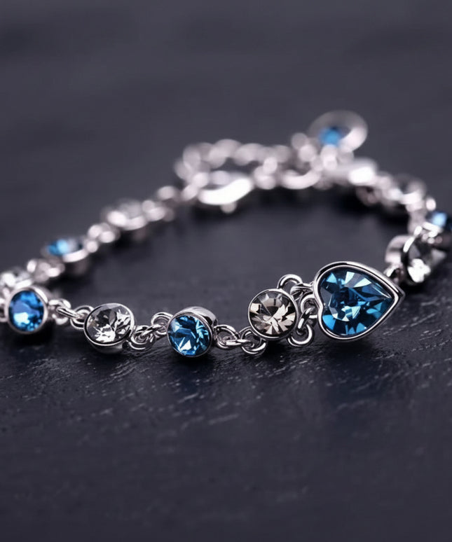 Women Silver & Blue Crystal Heart lucky Charm Bracelet 