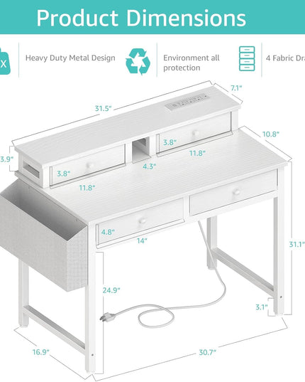 Small White Kids Desk with Fabric Drawers 