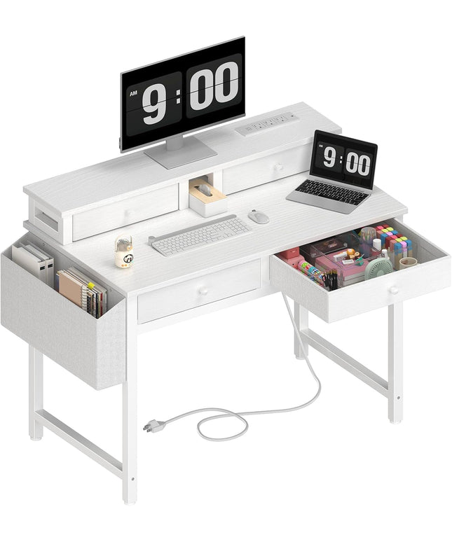 Small White Kids Desk with Fabric Drawers 