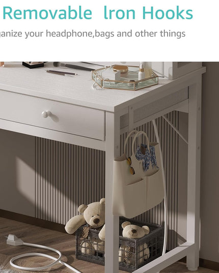 Small White Kids Desk with Fabric Drawers 