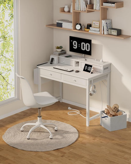 Small White Kids Desk with Fabric Drawers 