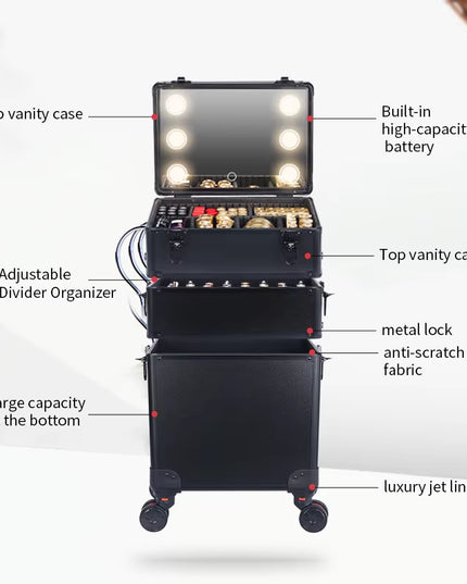 Professional Makeup Organizer Luggage with Led Lights Mriror - Large Cosmetic Trolley, Salon & Barber Case Rolling Cart for Hairstylists
