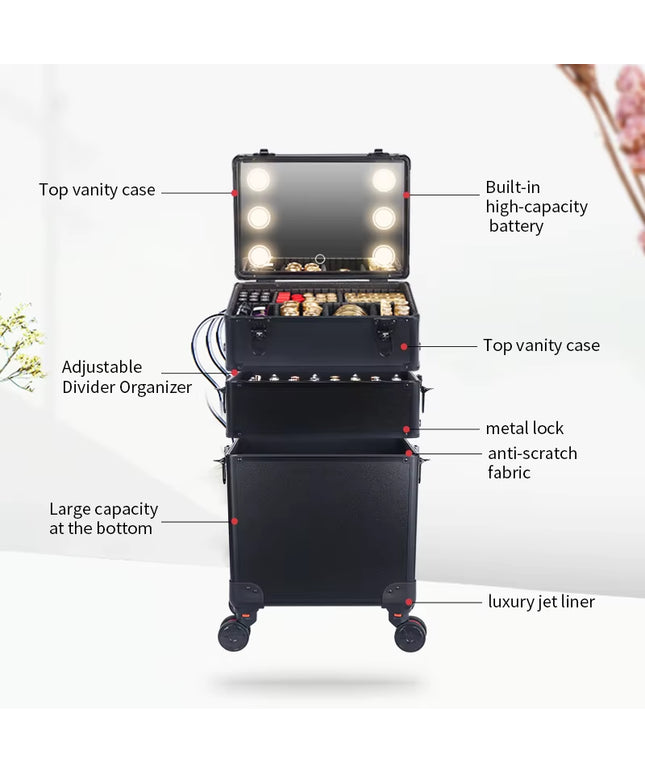 Professional Makeup Organizer Luggage with Led Lights Mriror - Large Cosmetic Trolley, Salon & Barber Case Rolling Cart for Hairstylists