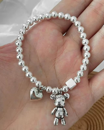 Aesthetic 925 Sterling Silver unisex beads with heart and bear Bracelet