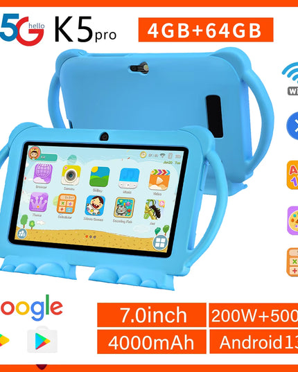 PlayTablet - Smart 7 Inch Kids Tablet with drop Proof Case . ( 5G Wifi / Google store / camera / kids apps ) 4GB RAM 64GB ROM 4000Mah