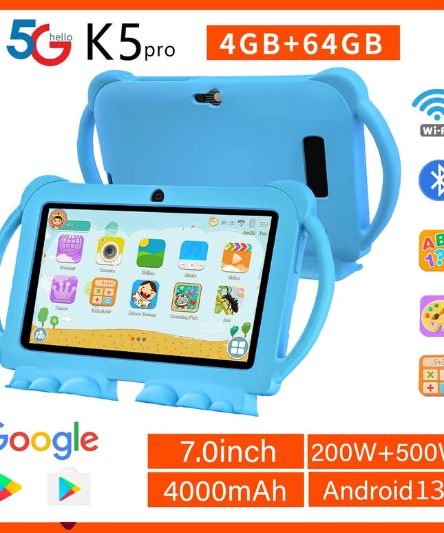 PlayTablet - Smart 7 Inch Kids Tablet with drop Proof Case . ( 5G Wifi / Google store / camera / kids apps ) 4GB RAM 64GB ROM 4000Mah