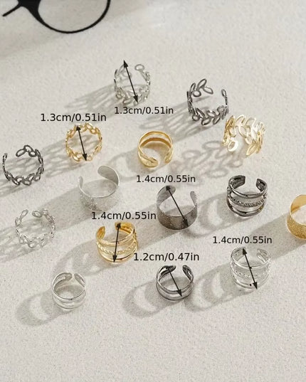 15 Pcs Set of Hollow Leaf Design Clip on Earrings, Zinc Alloy simple classic Jewelry 