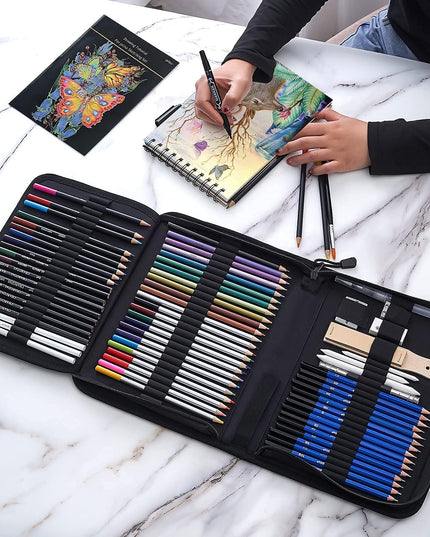ArtPac-76 Pack Drawing Kit, Pro Art Supplies with 3-Color Sketchbook, Include Tutorial, Colored, Graphite, Charcoal, Watercolor & Metallic Pencil