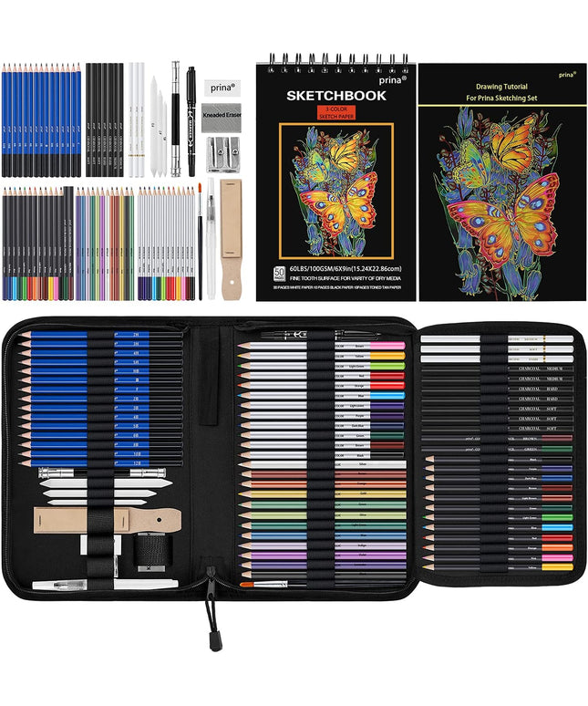 ArtPac-76 Pack Drawing Kit, Pro Art Supplies with 3-Color Sketchbook, Include Tutorial, Colored, Graphite, Charcoal, Watercolor & Metallic Pencil
