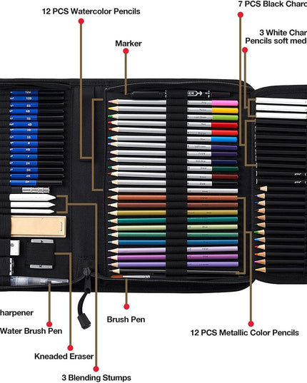 ArtPac-76 Pack Drawing Kit, Pro Art Supplies with 3-Color Sketchbook, Include Tutorial, Colored, Graphite, Charcoal, Watercolor & Metallic Pencil