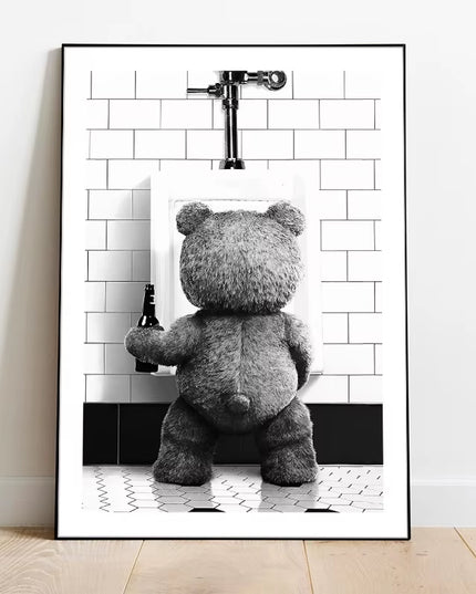 Black & White Cute "TED" Bear peeing canvas print art decoration -50x70cm (not framed)