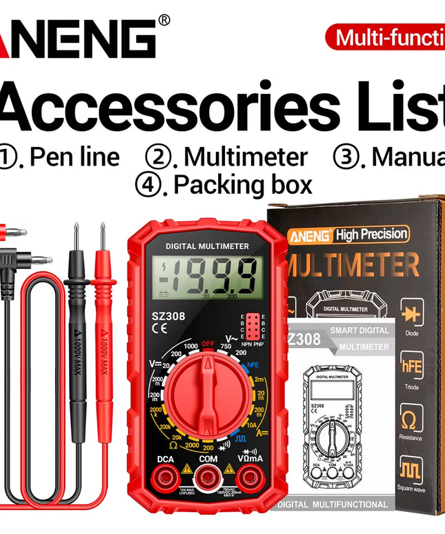 SZ308 Digital Multimeter AC/DC Current Voltage Meter, LCD Backlight Ohm Square Wave Test