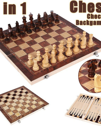 3 in 1 folding Wooden games set (chess / checkers / backgammon )-34x34cm