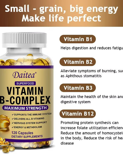 120 capsules Vitamin B-Complex Supplement B12 B1 B2 B3 B5 B6 B9 Biotin for Nervous System, Metabolism, Immune and Energy Support, Super Diet