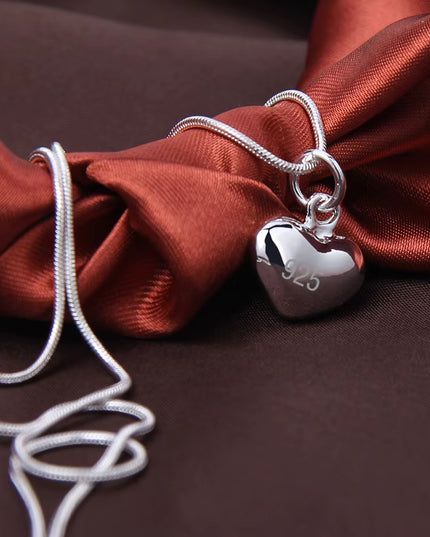 Silver Color Solid Small Heart Pendant Necklace with 45cm /17.7 Inch Snake Chain 