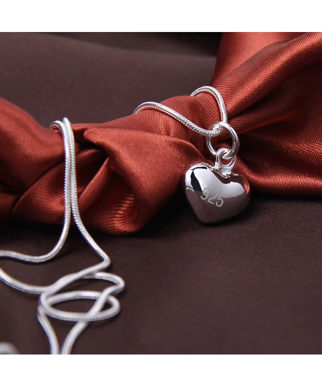 Silver Color Solid Small Heart Pendant Necklace with 45cm /17.7 Inch Snake Chain 
