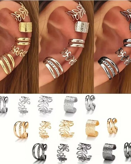 15 Pcs Set of Hollow Leaf Design Clip on Earrings, Zinc Alloy simple classic Jewelry 