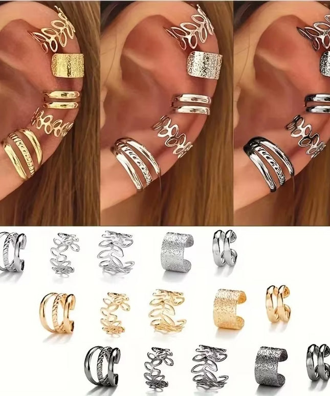 15 Pcs Set of Hollow Leaf Design Clip on Earrings, Zinc Alloy simple classic Jewelry 