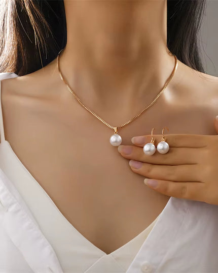 Elegant Pearl imitation Jewelry Set ,Vintage Gold Color Chain Necklace & Earring 
