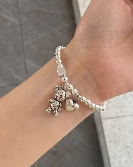 Aesthetic 925 Sterling Silver unisex beads with heart and bear Bracelet