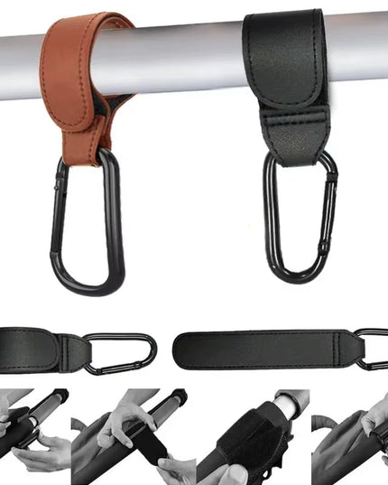 2Pcs Leather Adjustable Holding Hooks for strollers, bicycles, wheelchairs, shopping carts
