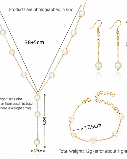 4-Piece Pearl Jewelry Set for Women – Gold-Tone Necklace, Bracelet & Earrings