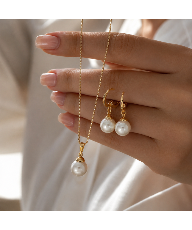 Elegant Pearl Jewelry Set – Gold Tone Necklace & Matching Earrings