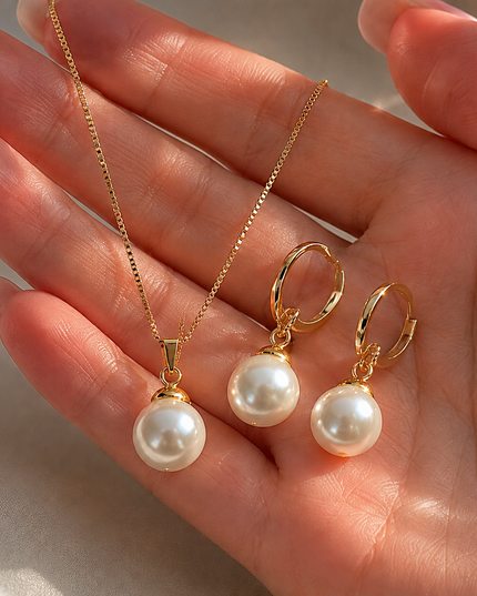 Elegant Pearl Jewelry Set – Gold Tone Necklace & Matching Earrings