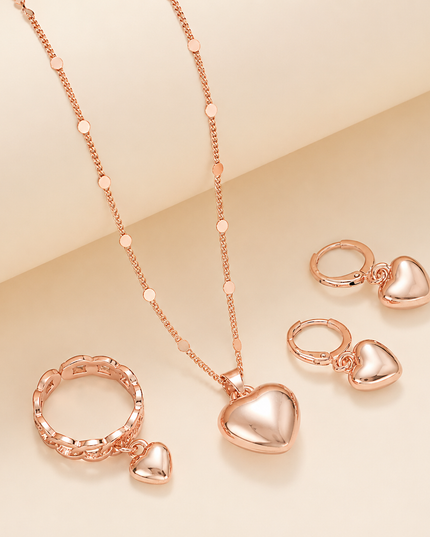 4-Piece Vintage Heart Jewelry Set – Necklace, Earrings & Adjustable Ring