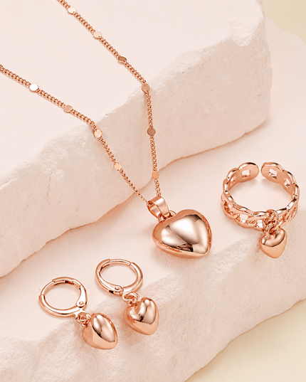 4-Piece Vintage Heart Jewelry Set – Necklace, Earrings & Adjustable Ring