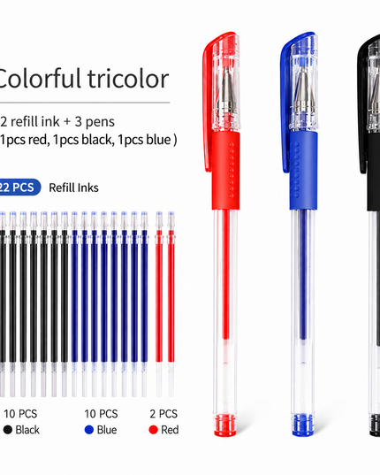 25pcs Quick-Dry 0.5Mm Ballpoint Pen Set – 3 Pens + 22 Ink Refills (Black, Blue & Red)