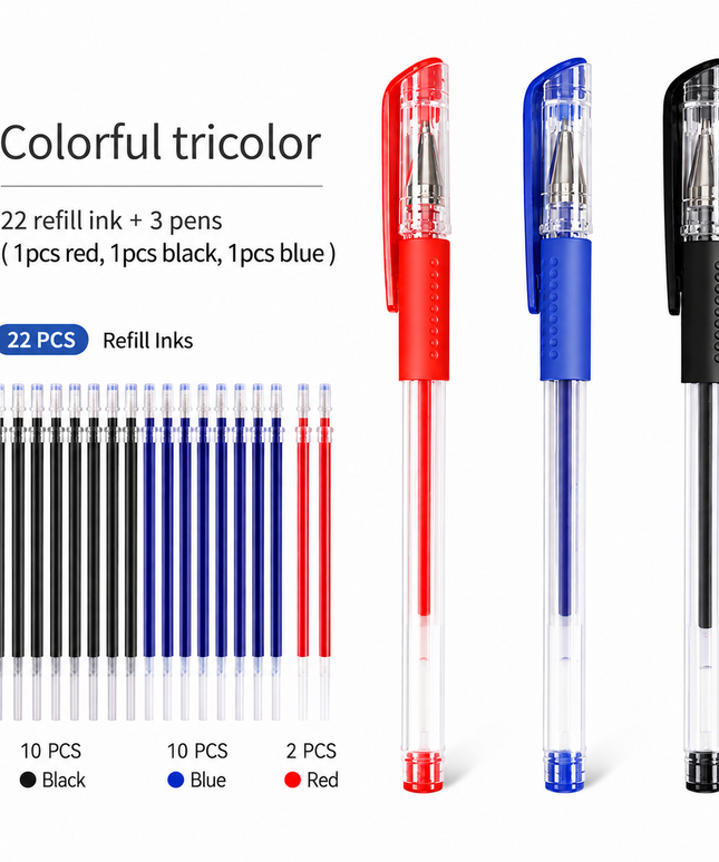 25pcs Quick-Dry 0.5Mm Ballpoint Pen Set – 3 Pens + 22 Ink Refills (Black, Blue & Red)