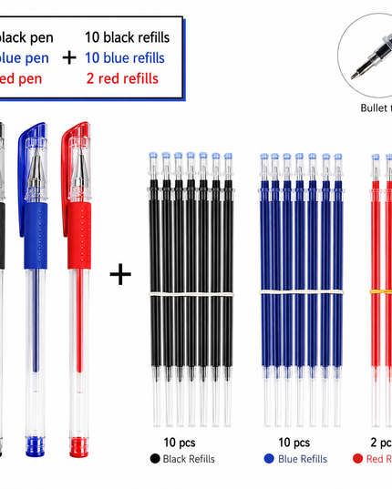 25pcs Quick-Dry 0.5Mm Ballpoint Pen Set – 3 Pens + 22 Ink Refills (Black, Blue & Red)