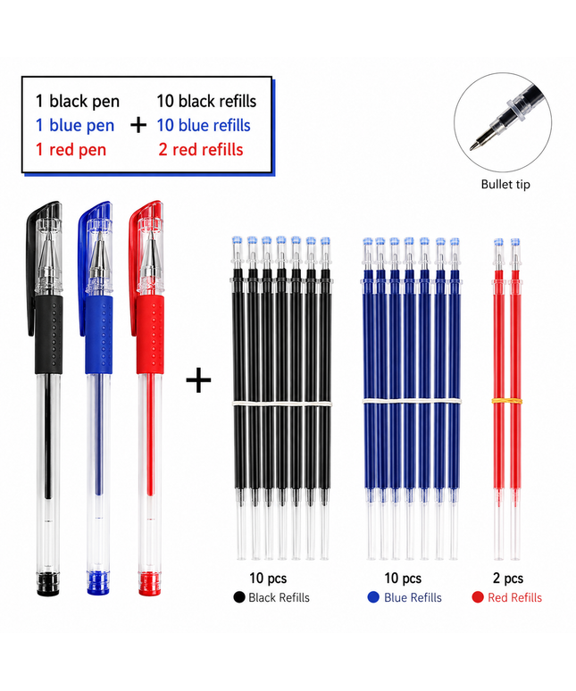 25pcs Quick-Dry 0.5Mm Ballpoint Pen Set – 3 Pens + 22 Ink Refills (Black, Blue & Red)