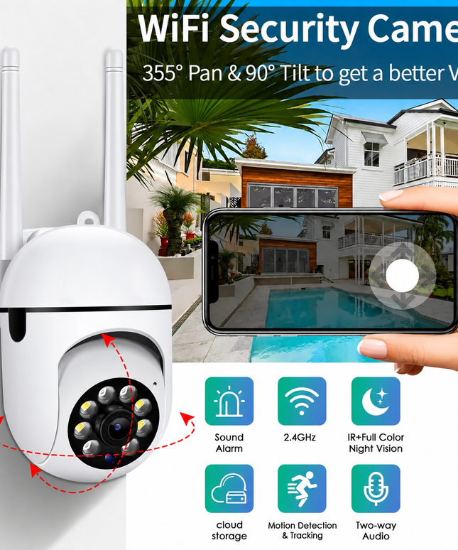 4K Wireless PTZ Outdoor Security Camera – WiFi, Night Vision, AI Motion Detection & App Control