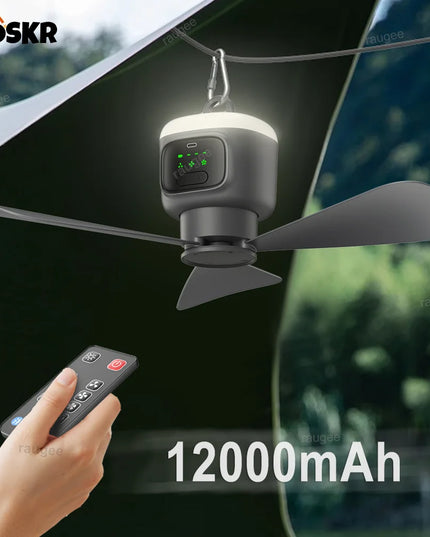 Large strong portable rechargable outdoor/ camping 12000Mah Ceiling Fan with LED light & remote 