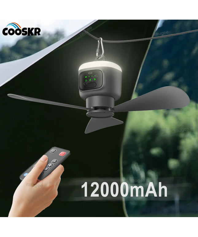 Large strong portable rechargable outdoor/ camping 12000Mah Ceiling Fan with LED light & remote 