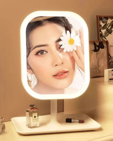 Aesthetic Small Portable and Adjustable Desktop Touch Vanity Mirror With 3 Color LED Lighting