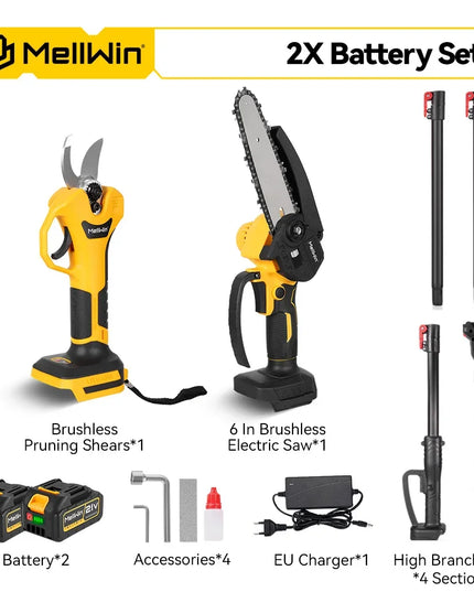 Cordless Chainsaw & Pruner – 2M Telescopic Pole & 2x 18V Battery Set, EU plug