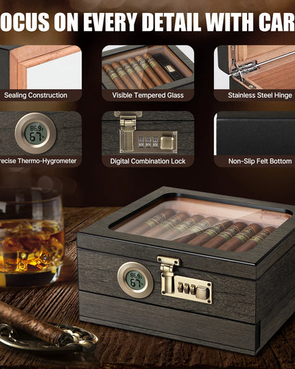 Desk Cigar Humidor -accessories drawer /combination lock /Glass Top/ Digital Thermo-Hygrometer