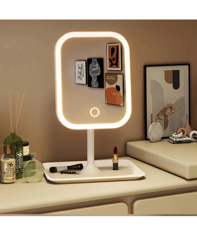 Aesthetic Small Portable and Adjustable Desktop Touch Vanity Mirror With 3 Color LED Lighting