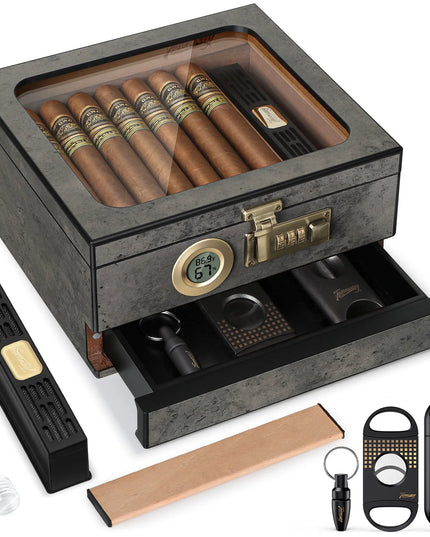 Desk Cigar Humidor -accessories drawer /combination lock /Glass Top/ Digital Thermo-Hygrometer