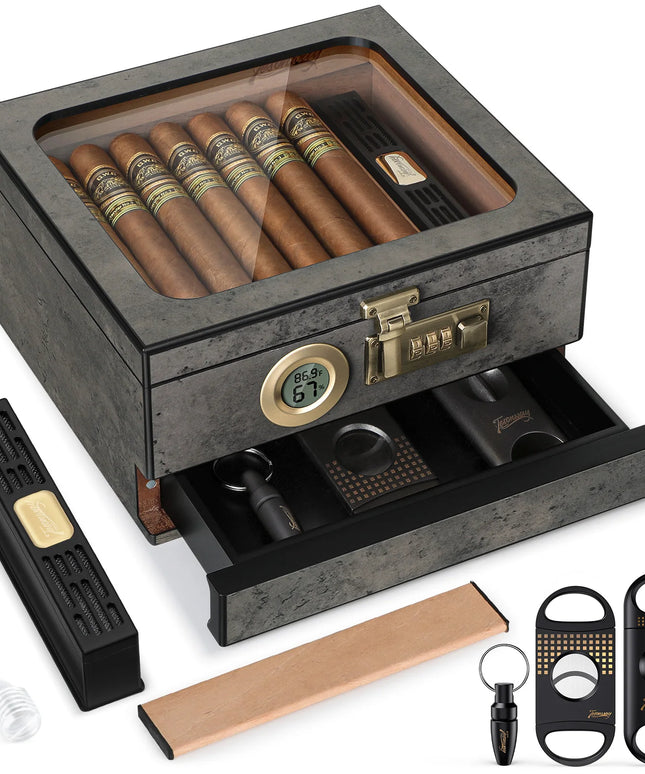 Desk Cigar Humidor -accessories drawer /combination lock /Glass Top/ Digital Thermo-Hygrometer