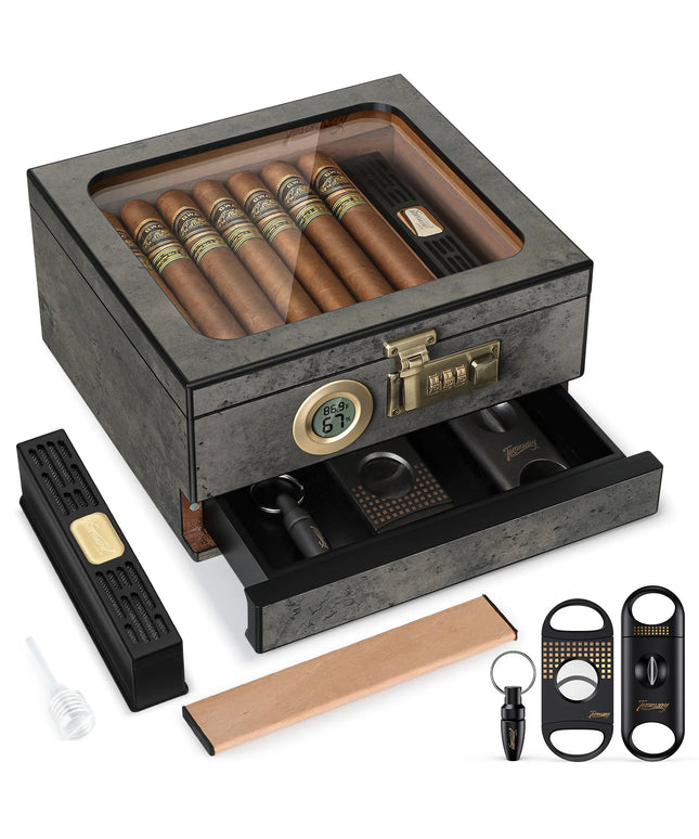 Desk Cigar Humidor -accessories drawer /combination lock /Glass Top/ Digital Thermo-Hygrometer